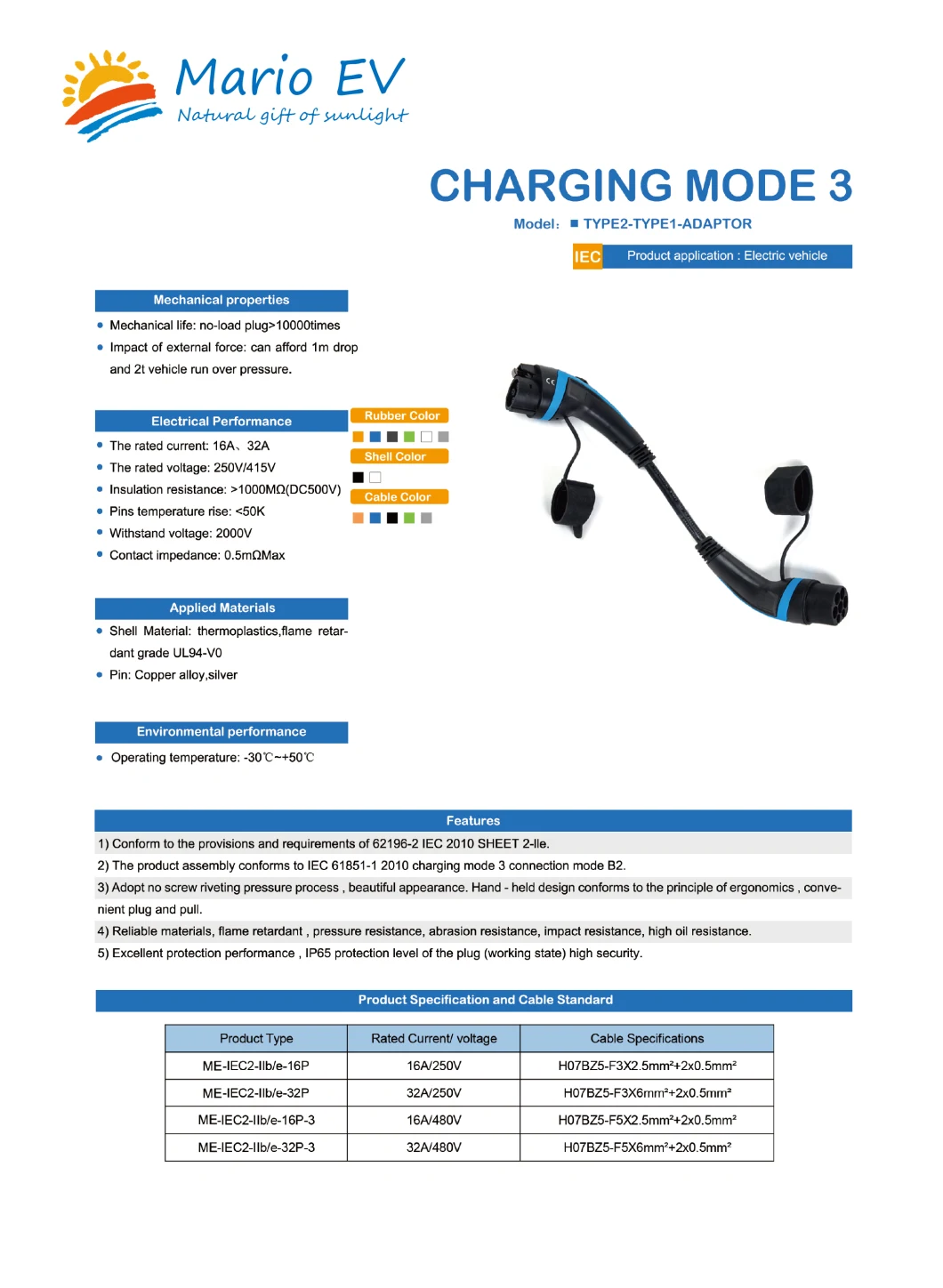 32A 250V Type1 Type2 Adaptor 62196 2 EV Charging Cable Type 2 Male to Female 16A EV Connector Portable Charger Electric Vehicle Charging Station